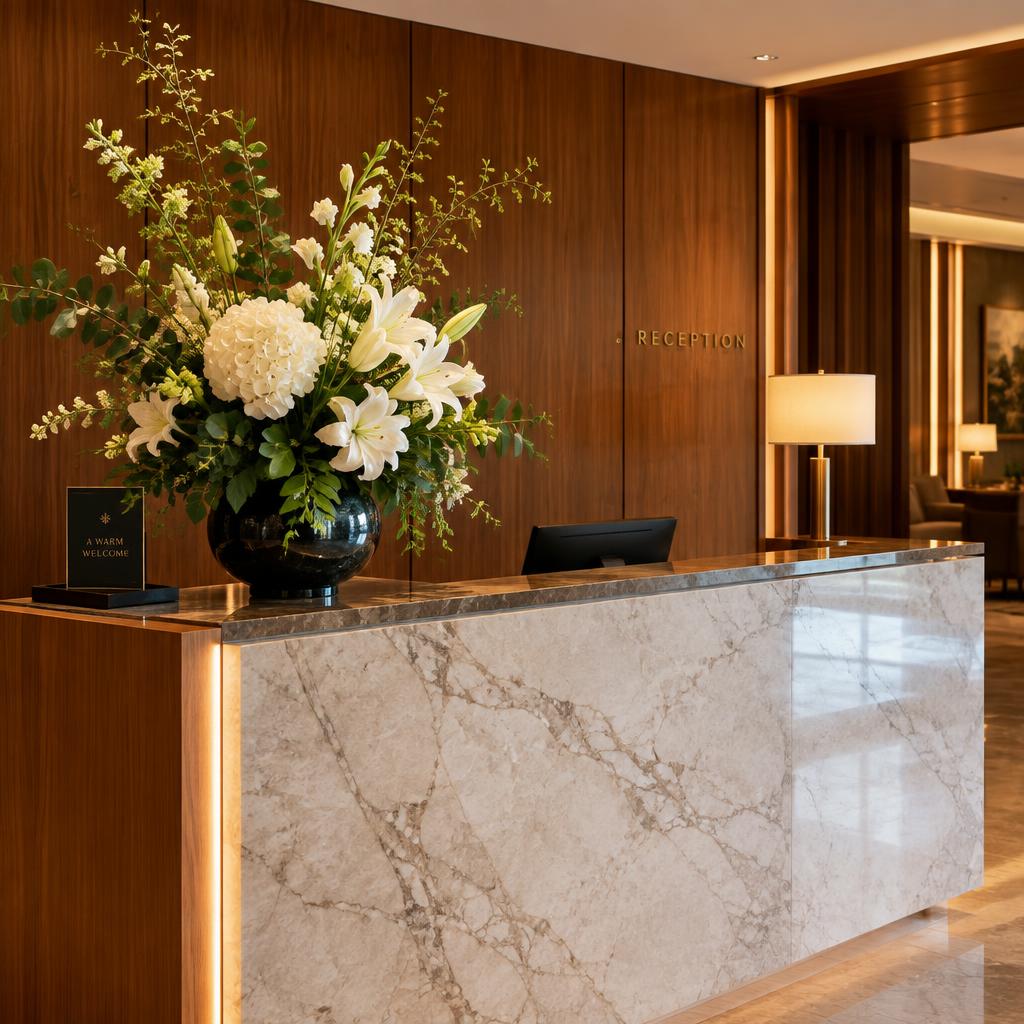 Hotel reception with a white and green silk floral arrangement