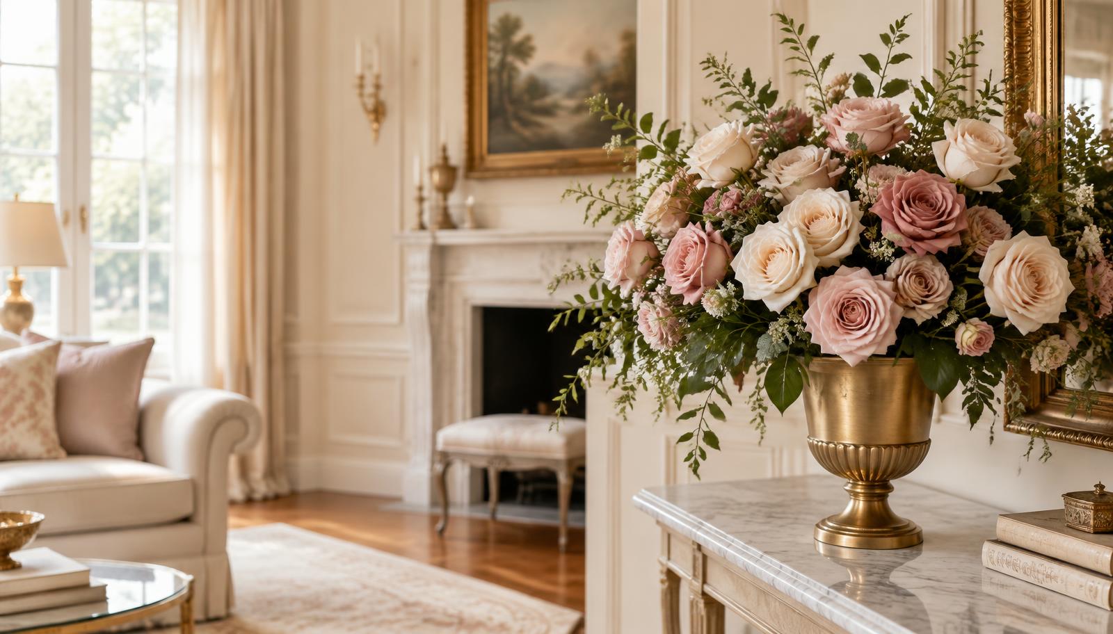 Blush and ivory silk rose arrangement in a gold urn in an elegant living room