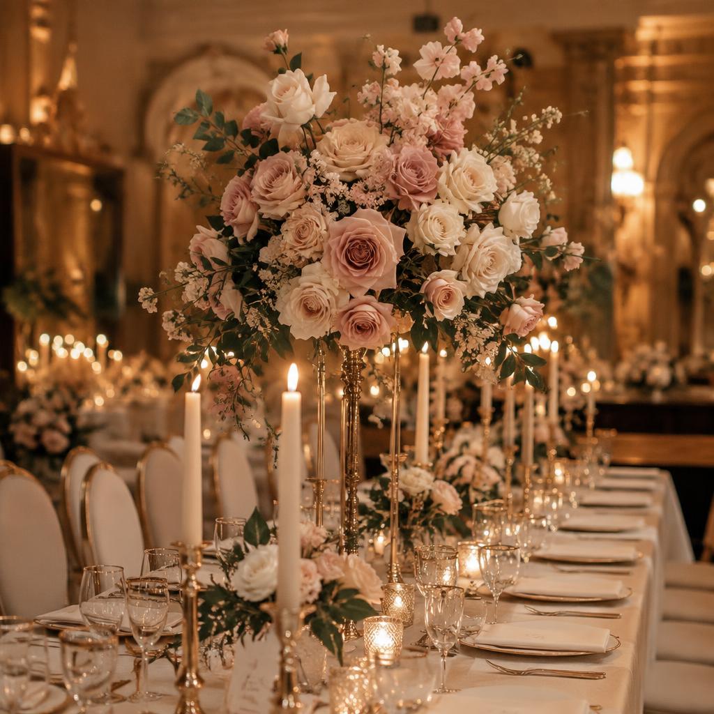 Wedding table with a tall blush and ivory silk rose centrepiece